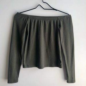 Olive Green Long Sleeve Off Shoulder Top